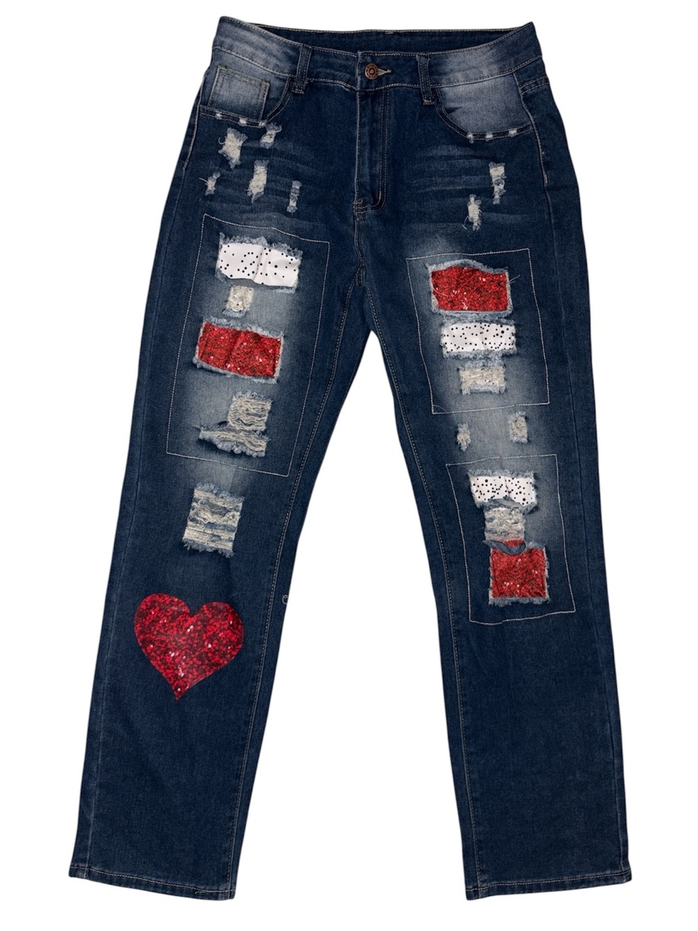 Dark Blue Women's Distressed Jeans with Red Sequin Heart Patch